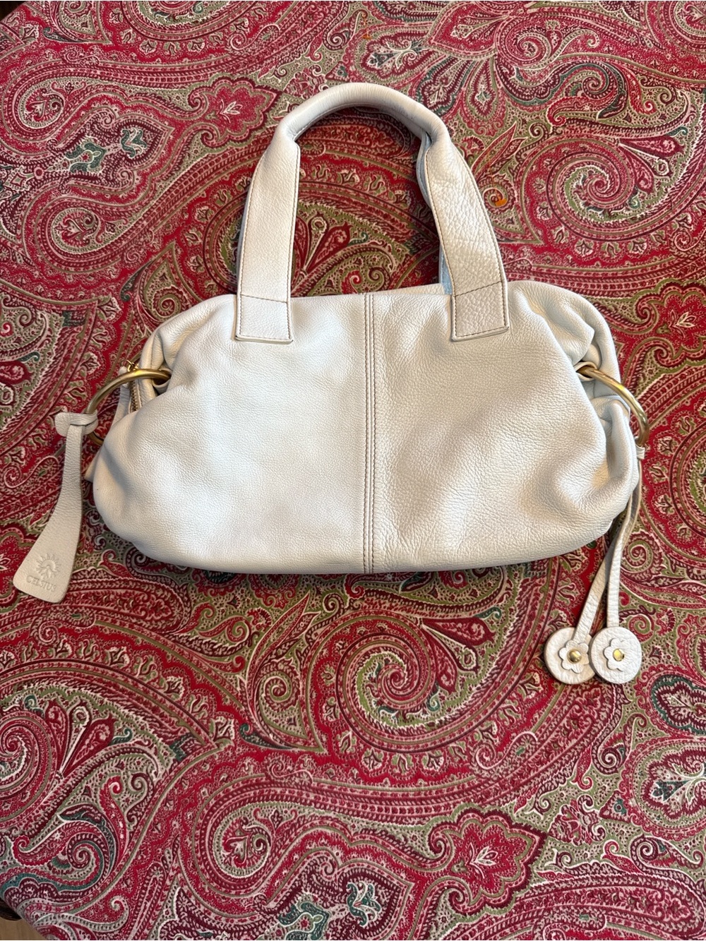 Celsius Genuine Leather Ivory Boho Satchel Bag Gold Ring Y2K Purse